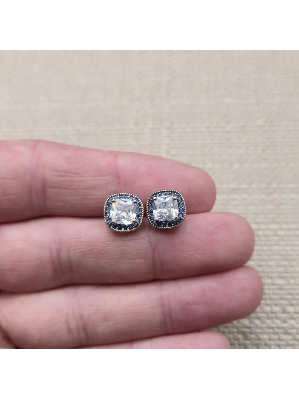 Sterling Silver Cushion Cut Cubic Zirconia Blue Halo Stud Earrings A8779